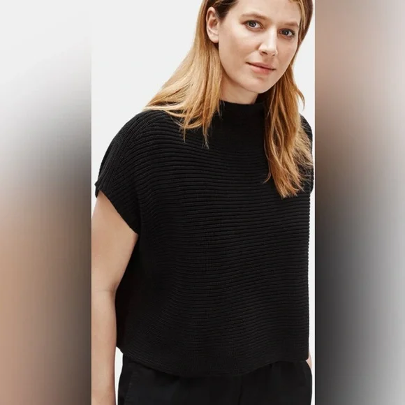 Eileen Fisher Organic Linen Cotton Funnel Neck Box-Top in Black Size S/M - Picture 3 of 12